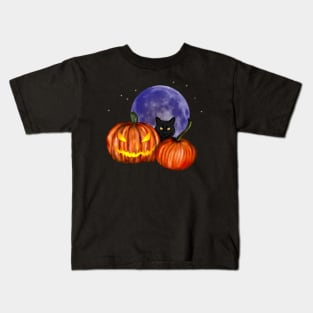 Halloween Black Cat Orange Pumpkins Art Kids T-Shirt